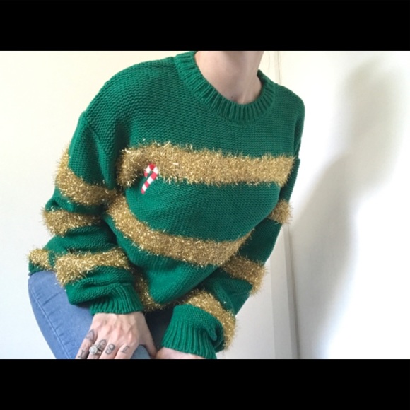 Merry Christmas Sweaters - Merry Christmas Gold Tinsel & Candy-cane Sweater Green
